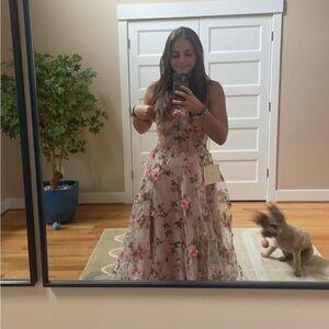 Brand New, Never Worn, Tag on Strapless Floral Printed Organza A-line Slit Dress